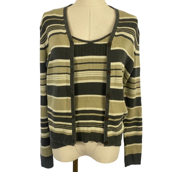 Y2K Grey Green Cream Stripe Ribbed Knit Cami Tank Top Cardigan Matching Set - Picture 1 of 9